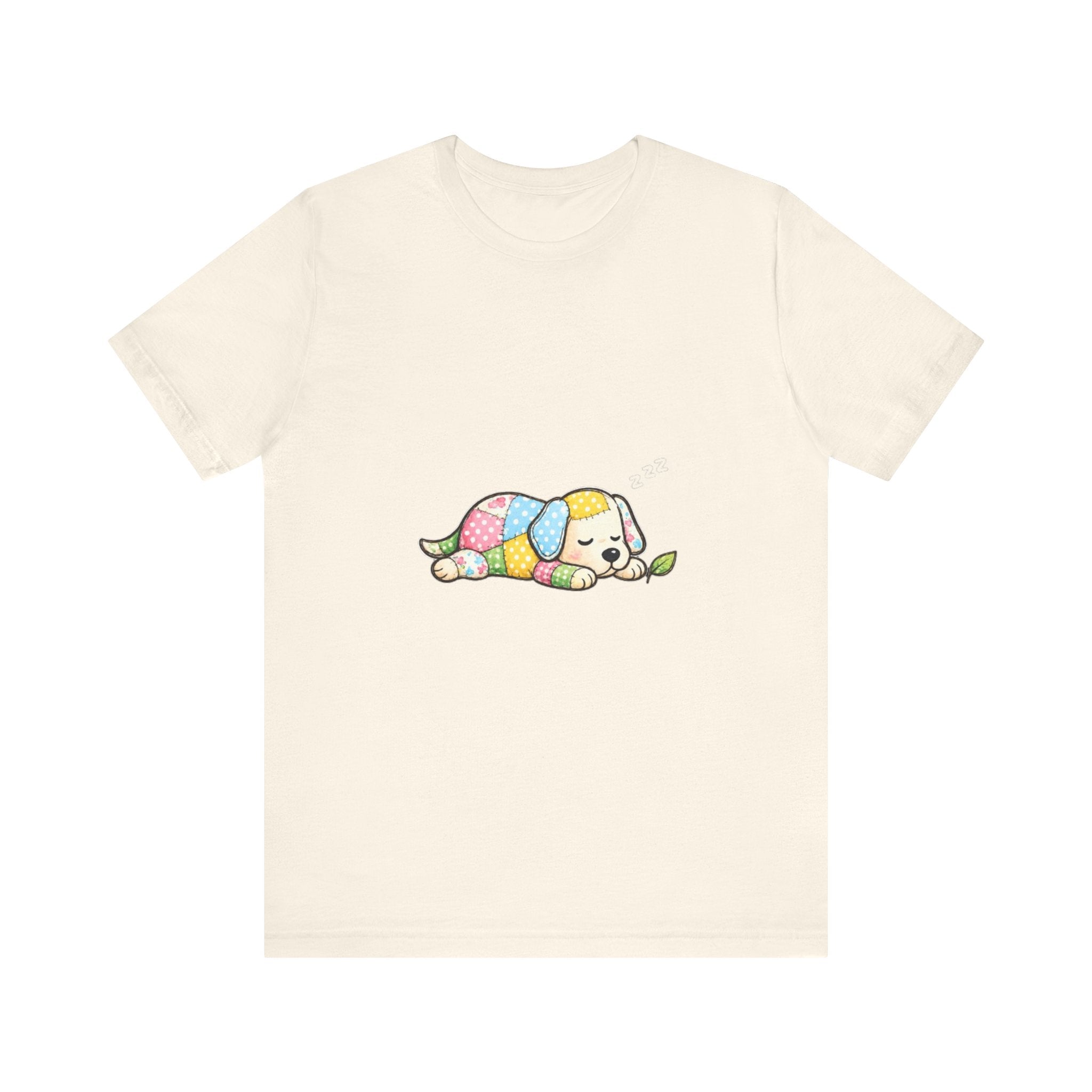 Patchwork Puppy Sleeping Tee | Cute Dog Illustration, Pastel Patchwork