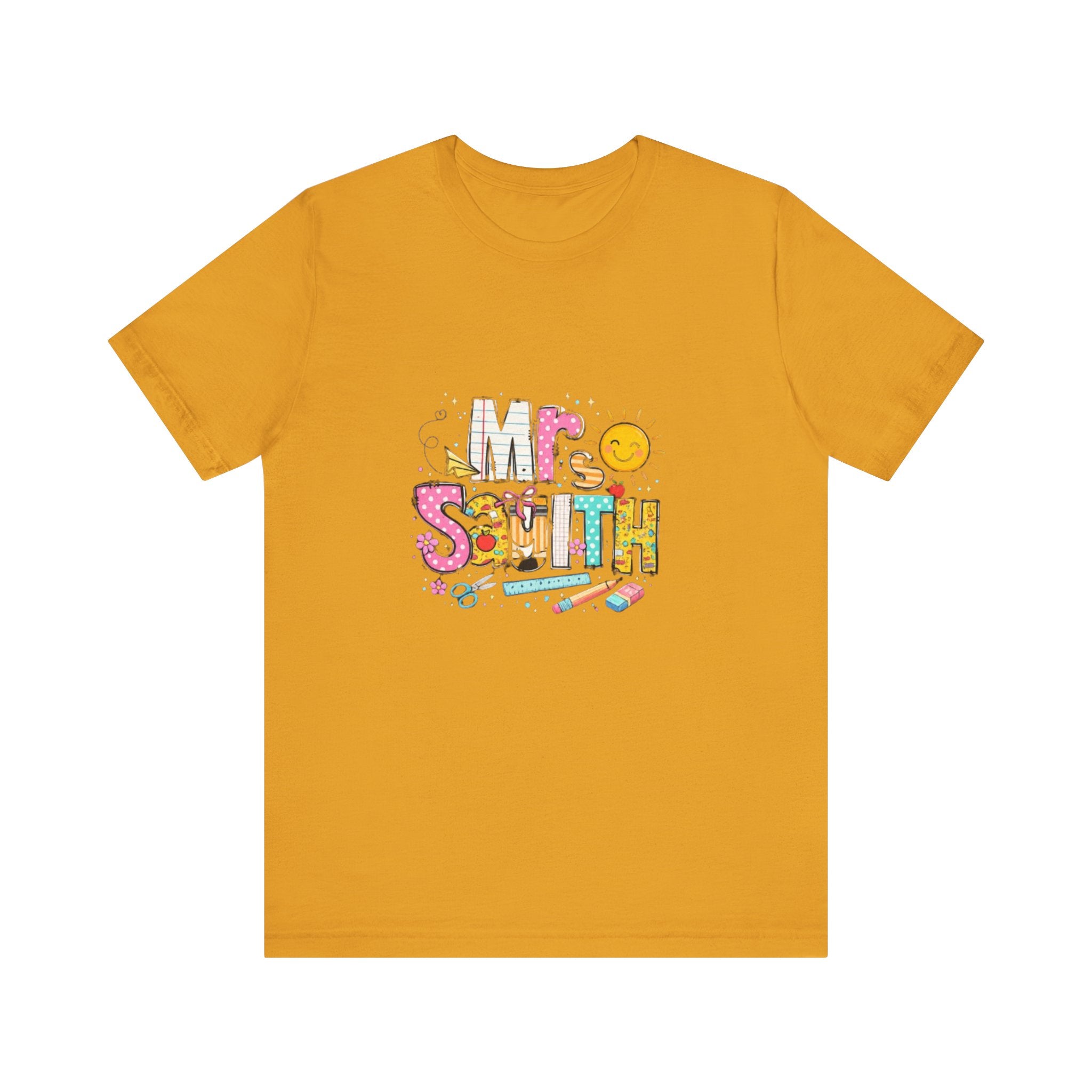Mrs Smith name graphic Tee | colorful school supplies illustration
