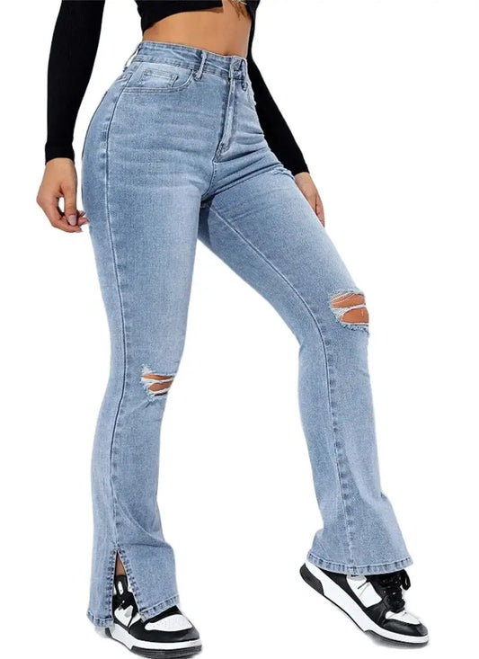 Winter New Women's High Waist Ripped Leg Slit Jeans Fashion Slim Fit Stretch Denim Straight Legs Casual Trousers  bottom