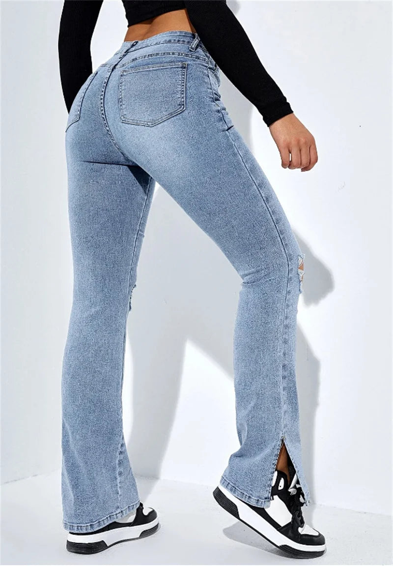 Winter New Women's High Waist Ripped Leg Slit Jeans Fashion Slim Fit Stretch Denim Straight Legs Casual Trousers  bottom