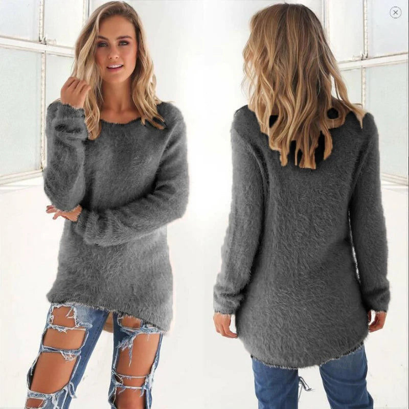 Warm Sweaters Solid Color O Neck Loose Knitted Pullover Long Sweater Casual Blouse Lady Hipster Comfortable Clothing  sweater