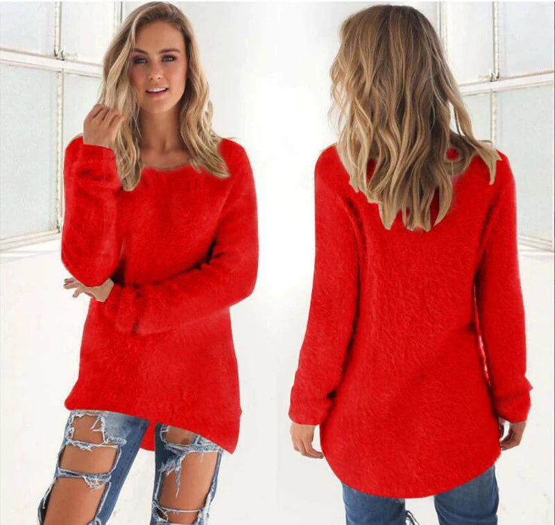 Warm Sweaters Solid Color O Neck Loose Knitted Pullover Long Sweater Casual Blouse Lady Hipster Comfortable Clothing  sweater