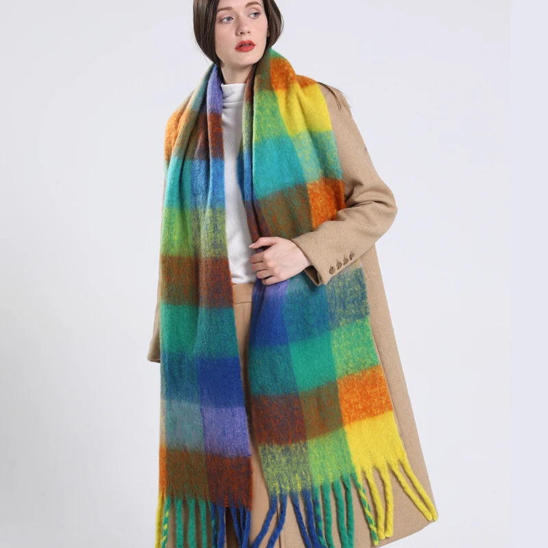 2023 Winter Thick Warm Scarf Women Cashmere Shawl and Wraps Pashmina Neckerchief Bufanda Female Rainbow Hairy Tessel Echarpe New