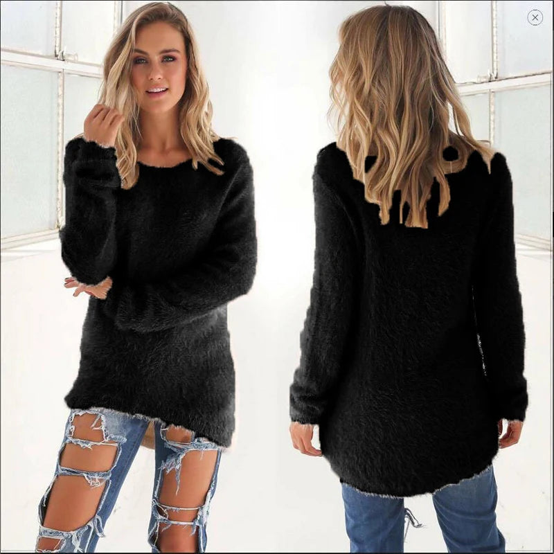 Warm Sweaters Solid Color O Neck Loose Knitted Pullover Long Sweater Casual Blouse Lady Hipster Comfortable Clothing  sweater