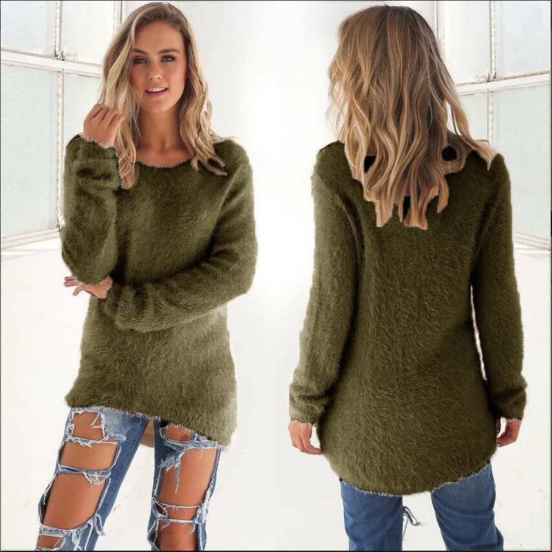 Warm Sweaters Solid Color O Neck Loose Knitted Pullover Long Sweater Casual Blouse Lady Hipster Comfortable Clothing  sweater