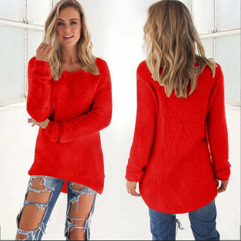 Warm Sweaters Solid Color O Neck Loose Knitted Pullover Long Sweater Casual Blouse Lady Hipster Comfortable Clothing  sweater