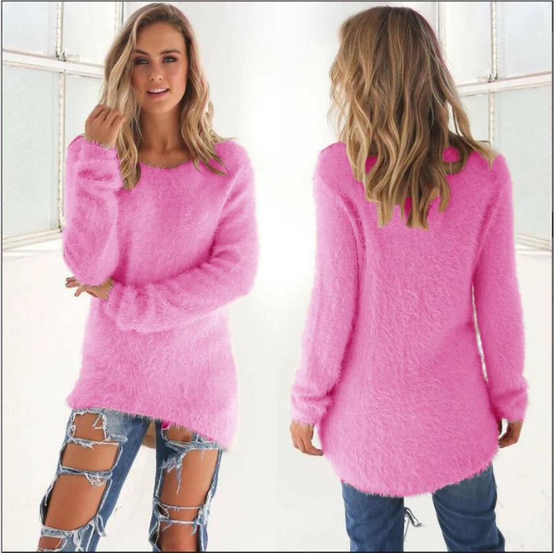 Warm Sweaters Solid Color O Neck Loose Knitted Pullover Long Sweater Casual Blouse Lady Hipster Comfortable Clothing  sweater