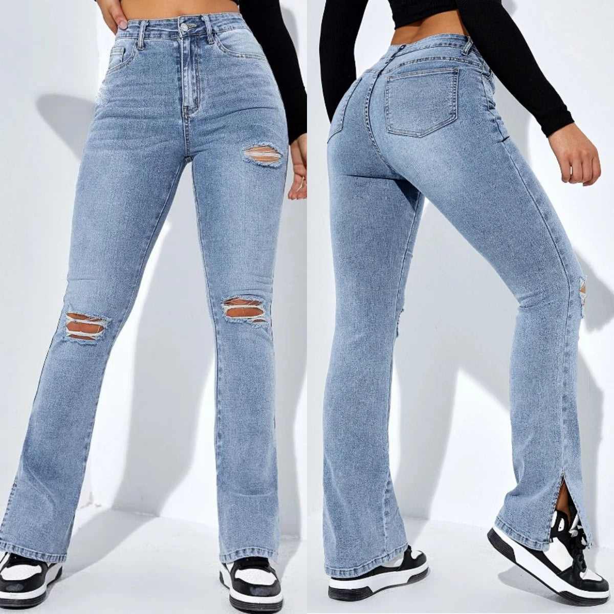 Winter New Women's High Waist Ripped Leg Slit Jeans Fashion Slim Fit Stretch Denim Straight Legs Casual Trousers  bottom