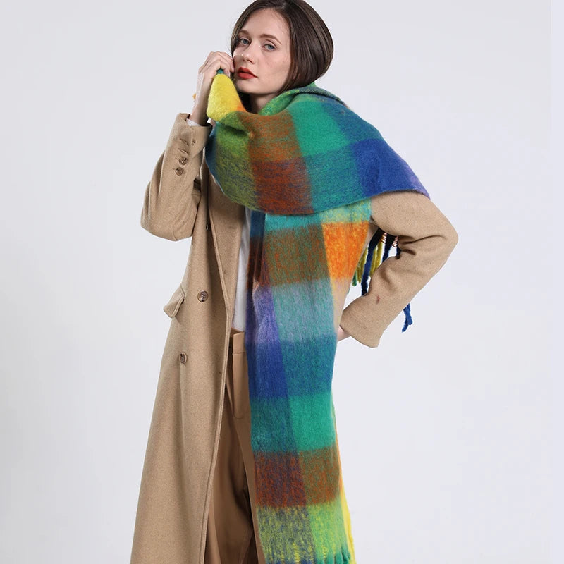 2023 Winter Thick Warm Scarf Women Cashmere Shawl and Wraps Pashmina Neckerchief Bufanda Female Rainbow Hairy Tessel Echarpe New