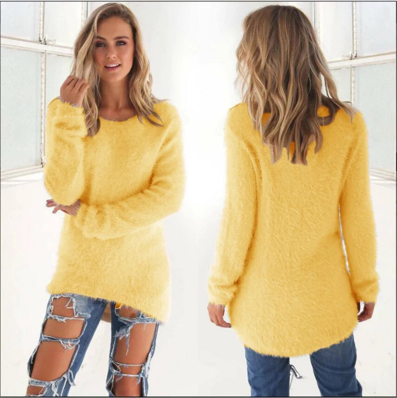 Warm Sweaters Solid Color O Neck Loose Knitted Pullover Long Sweater Casual Blouse Lady Hipster Comfortable Clothing  sweater