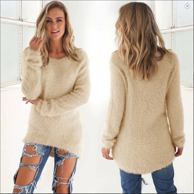 Warm Sweaters Solid Color O Neck Loose Knitted Pullover Long Sweater Casual Blouse Lady Hipster Comfortable Clothing  sweater