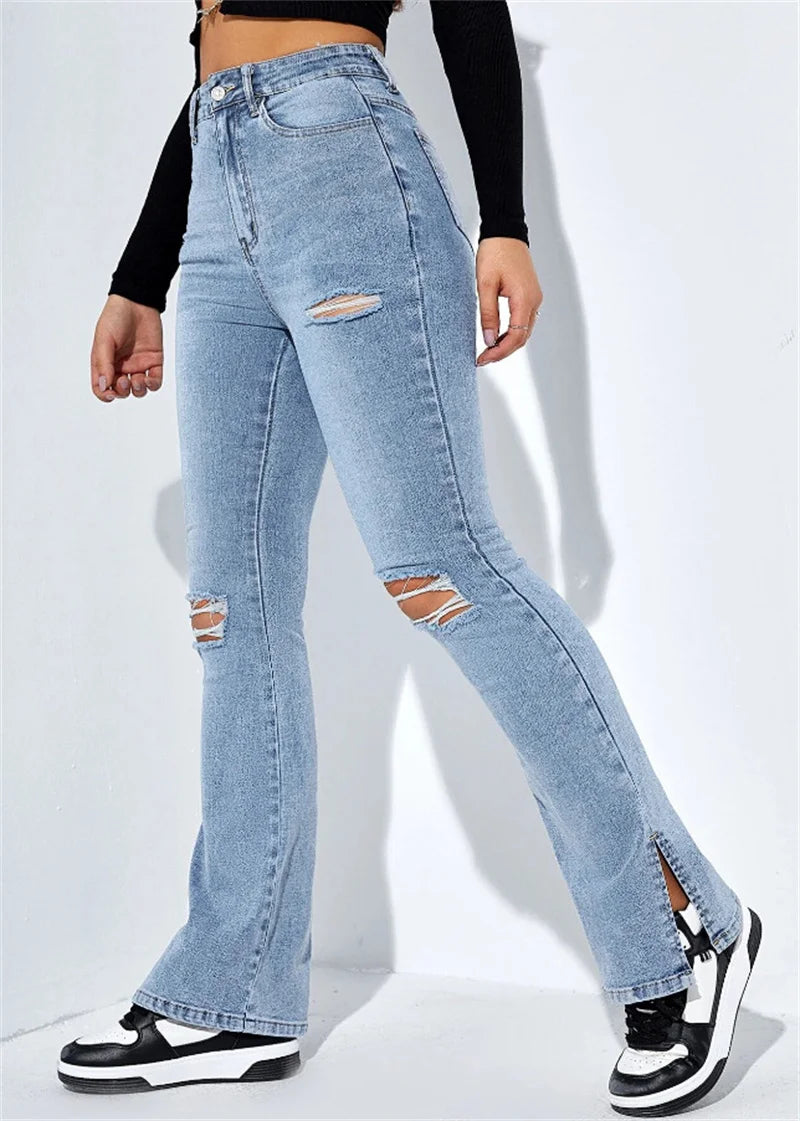 Winter New Women's High Waist Ripped Leg Slit Jeans Fashion Slim Fit Stretch Denim Straight Legs Casual Trousers  bottom