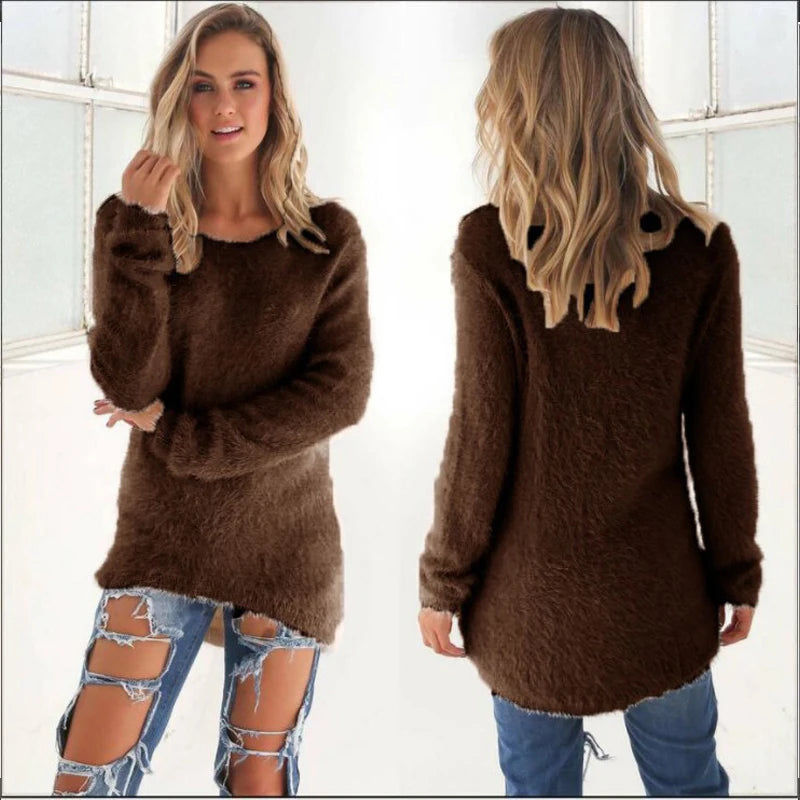 Warm Sweaters Solid Color O Neck Loose Knitted Pullover Long Sweater Casual Blouse Lady Hipster Comfortable Clothing  sweater