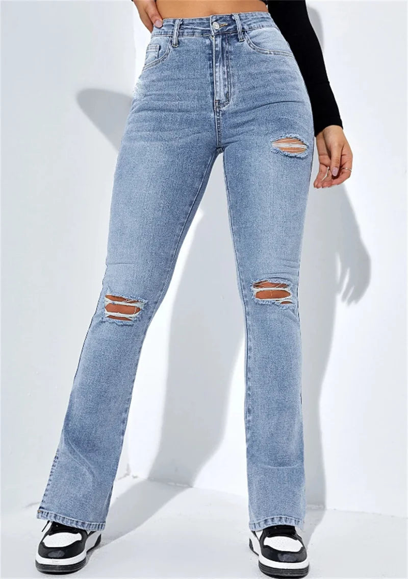 Winter New Women's High Waist Ripped Leg Slit Jeans Fashion Slim Fit Stretch Denim Straight Legs Casual Trousers  bottom