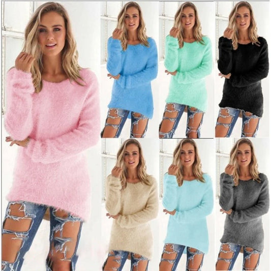 Warm Sweaters Solid Color O Neck Loose Knitted Pullover Long Sweater Casual Blouse Lady Hipster Comfortable Clothing  sweater