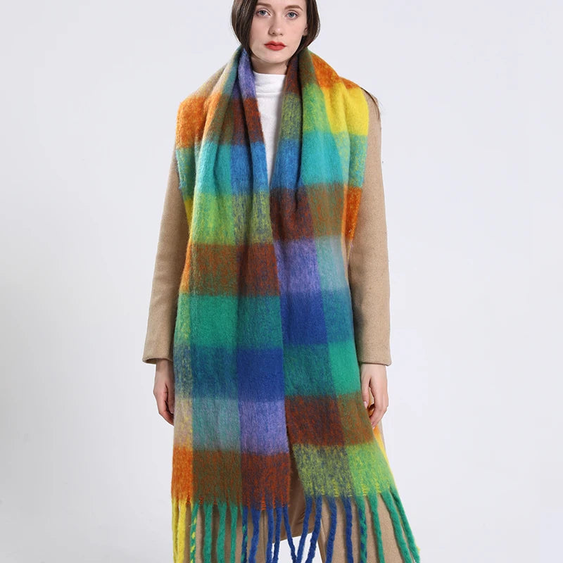 2023 Winter Thick Warm Scarf Women Cashmere Shawl and Wraps Pashmina Neckerchief Bufanda Female Rainbow Hairy Tessel Echarpe New