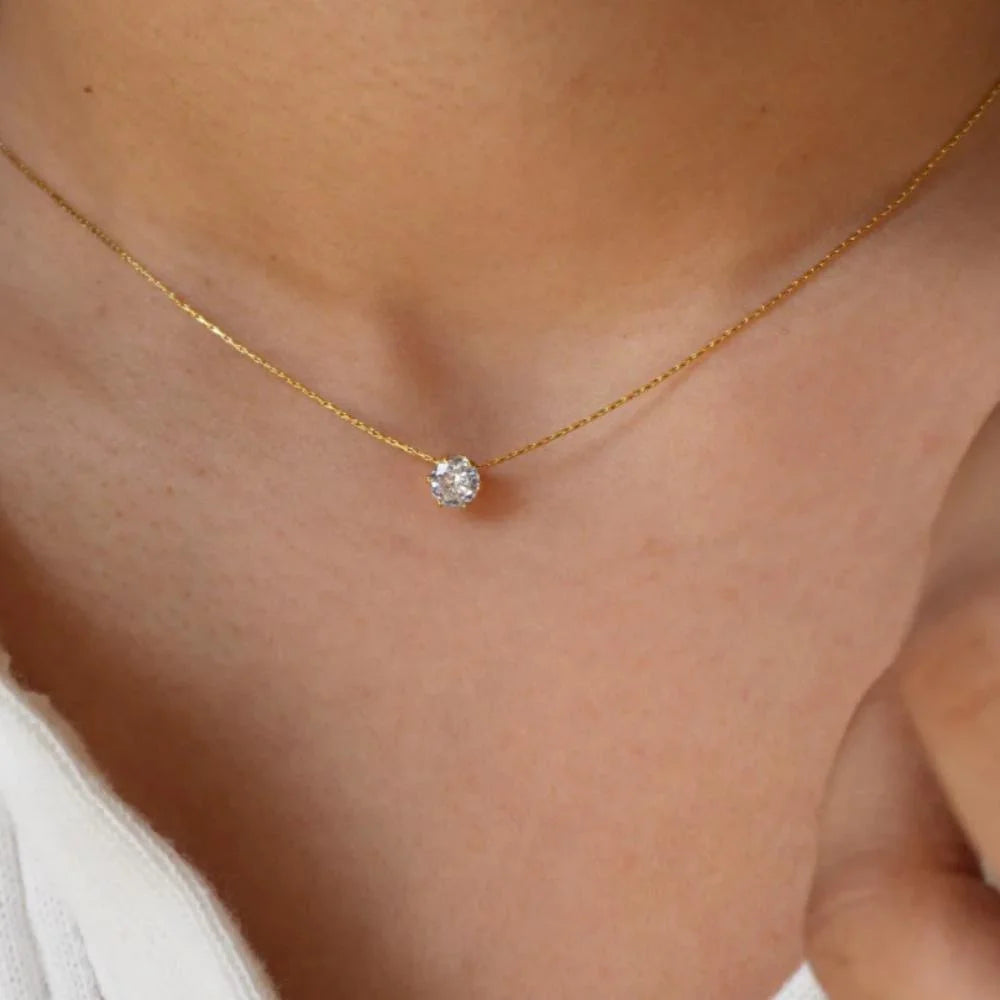 Gold Plated Stainless Steel Dainty Minimalist Zircon Charm Anti Tarnish Chain Round Clear Cz Stone Necklace for Women Jewelry  necklace