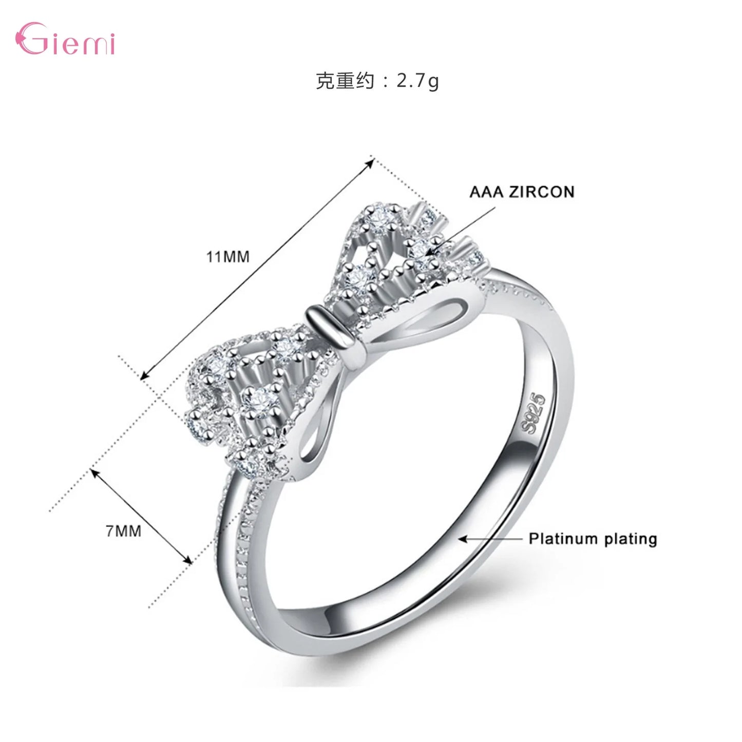 925 Sterling Silver Bowknot Bow Knot Cubic Zirconia Rhinestone Rings For Women Fashion Trendy Wedding Engagement Jewelry  rings