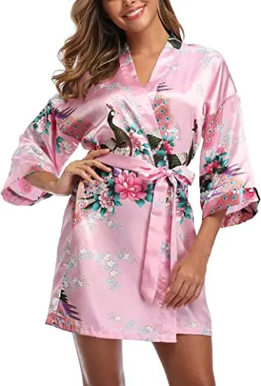 Satin Silk Women Wedding Bridemaid Robe Sexy Crane Print Bathrobe Short Long Kimono Night Gown Robe night wear