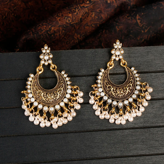 Luxury Retro Big Sector Carved Indian Earrings Fro Women Piercing Ethnic Bollywood Pearl Tassel Earrings