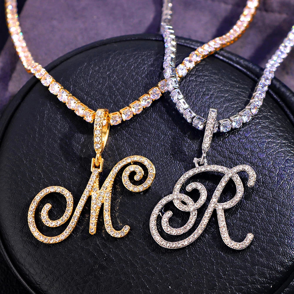 New Cursive Letters Cubic Zirconia Chain Intial Name Necklace Hip Hop Jewelry Gold Silver Color CZ 26 Alphabet Pendant Necklaces necklace