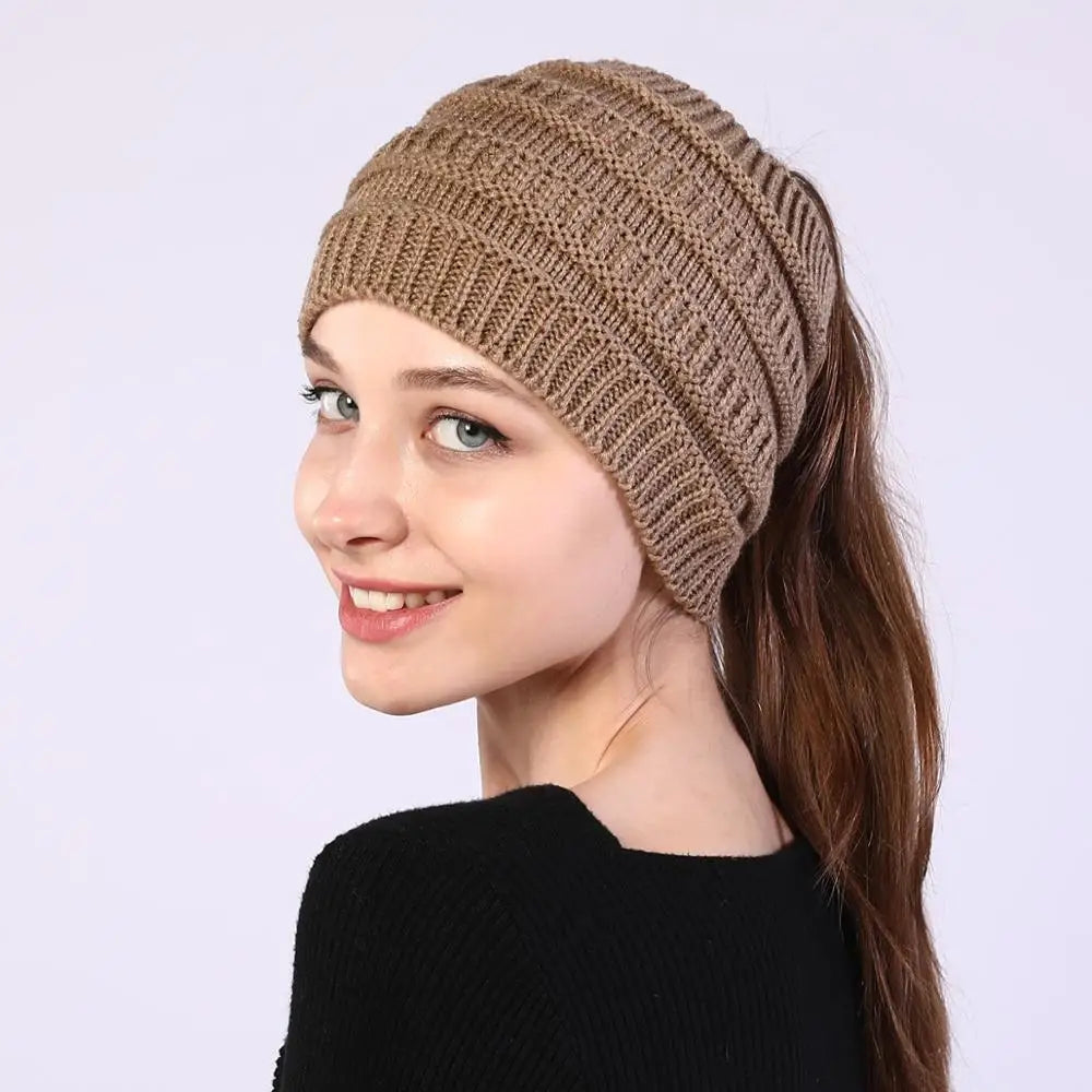 New Women Autumn Winter Ponytail Beanie Hat Solid Color Lady Stretch Knitted Crochet Beanies Hat Cap For Women caps