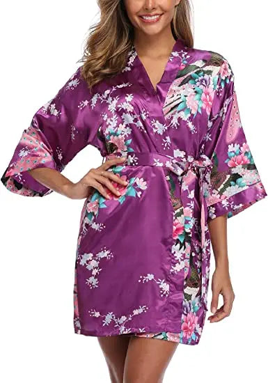 Satin Silk Women Wedding Bridemaid Robe Sexy Crane Print Bathrobe Short Long Kimono Night Gown Robe night wear