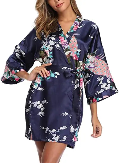 Satin Silk Women Wedding Bridemaid Robe Sexy Crane Print Bathrobe Short Long Kimono Night Gown Robe night wear