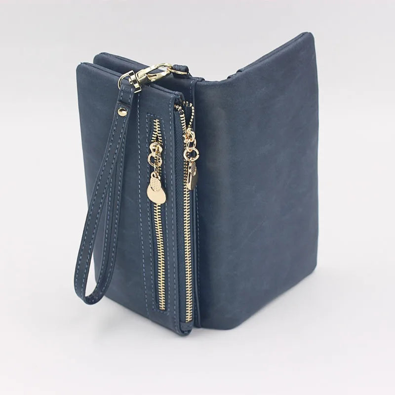 Large Capacity Women's Dull Polish Leather Wallet Double Zipper Clutch Wristlet Purse Phone Coin Card Holder Multi-pocket Wallet bags