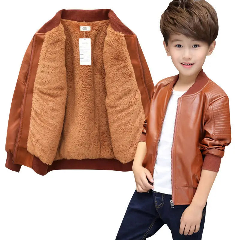 Boys Coats Autumn Winter Fashion Children's Plus Velvet / No Velvet Two styles Warming Cotton PU Leather Jacket For 1-11Y Kids boys jackets and coats