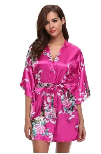 Satin Silk Women Wedding Bridemaid Robe Sexy Crane Print Bathrobe Short Long Kimono Night Gown Robe night wear