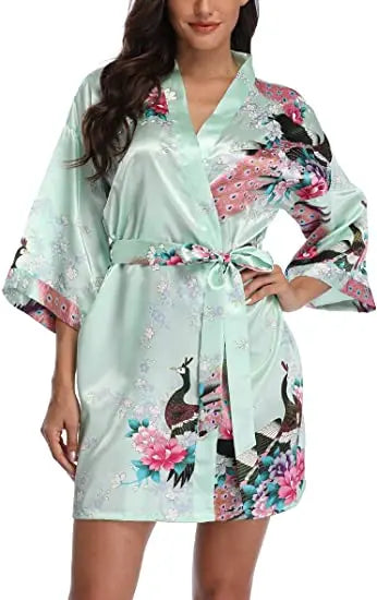 Satin Silk Women Wedding Bridemaid Robe Sexy Crane Print Bathrobe Short Long Kimono Night Gown Robe night wear