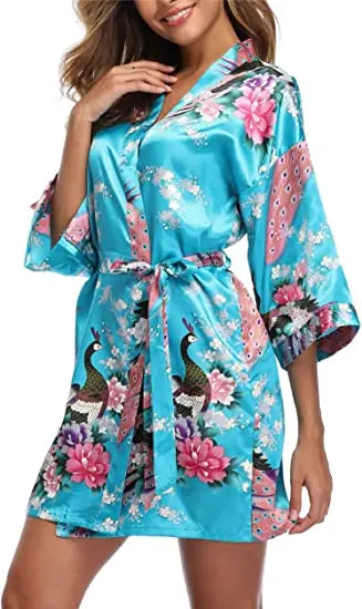 Satin Silk Women Wedding Bridemaid Robe Sexy Crane Print Bathrobe Short Long Kimono Night Gown Robe night wear