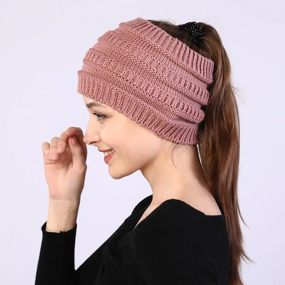 New Women Autumn Winter Ponytail Beanie Hat Solid Color Lady Stretch Knitted Crochet Beanies Hat Cap For Women caps