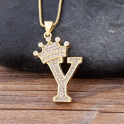 New Luxury Copper Zircon A-Z Crown Alphabet Pendant Chain Necklace Hip-Hop Style Fashion Woman Man Initial Name Jewelry  necklace