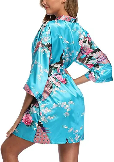 Satin Silk Women Wedding Bridemaid Robe Sexy Crane Print Bathrobe Short Long Kimono Night Gown Robe night wear