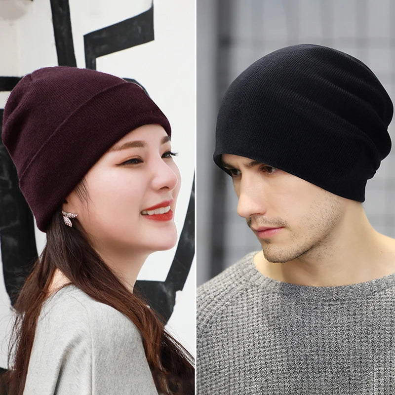 Solid Color Skullies Beanies For Women Men Autumn Winter Warm Woolen Knitted Hat Casual Elastic Skullcap Bonnet Unisex Melon Cap