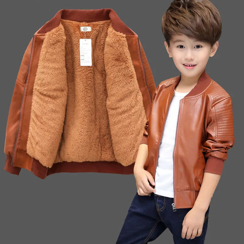 Boys Coats Autumn Winter Fashion Children's Plus Velvet / No Velvet Two styles Warming Cotton PU Leather Jacket For 1-11Y Kids boys jackets and coats