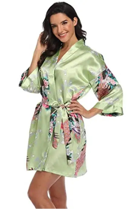 Satin Silk Women Wedding Bridemaid Robe Sexy Crane Print Bathrobe Short Long Kimono Night Gown Robe night wear