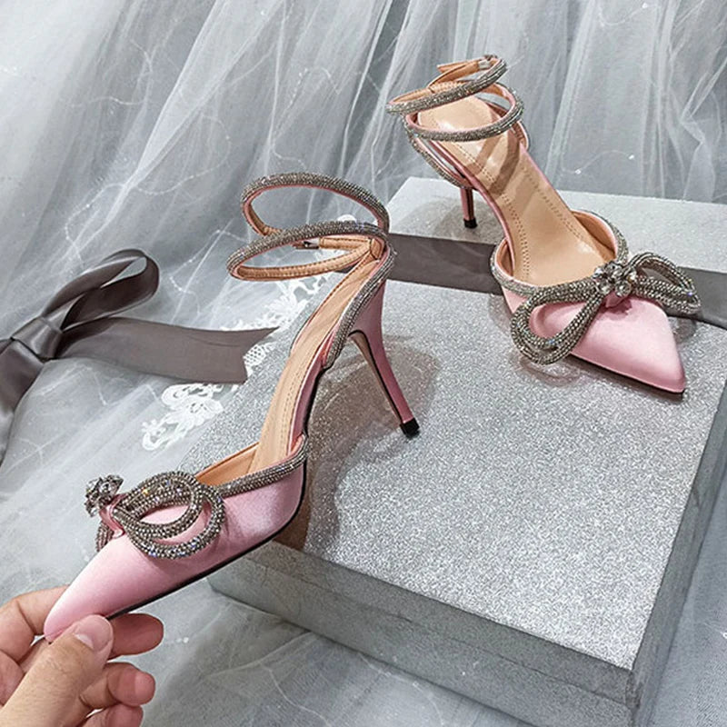 Glitter Rhinestones Women Pumps Crystal Bowknot Silk Pointed Toe Buckle Strap Thin High Heel shoes