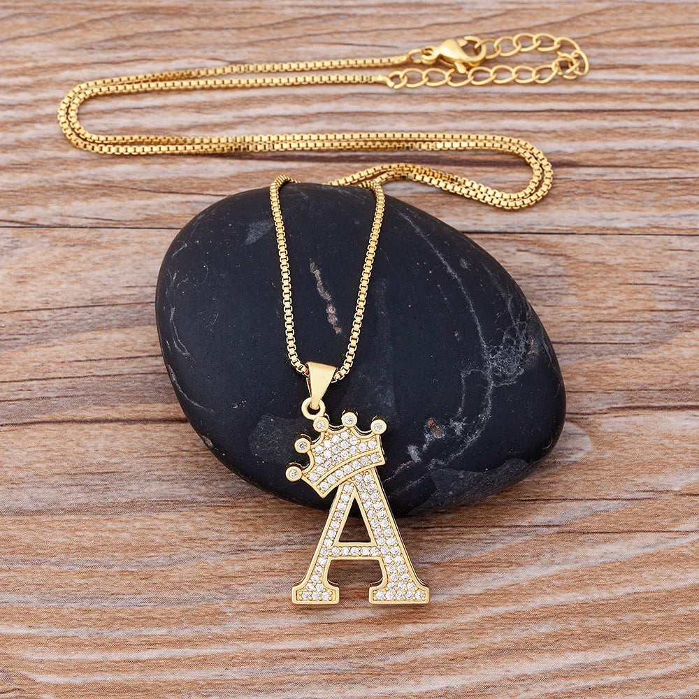 New Luxury Copper Zircon A-Z Crown Alphabet Pendant Chain Necklace Hip-Hop Style Fashion Woman Man Initial Name Jewelry  necklace