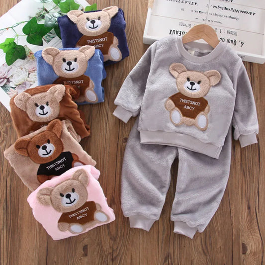 New Winter Baby Girls Boys Homewear Sets Autumn Fashion Flannel Fleece Clothes Kids Cartoon Bear Sleepwear Children Pajamas boys dress