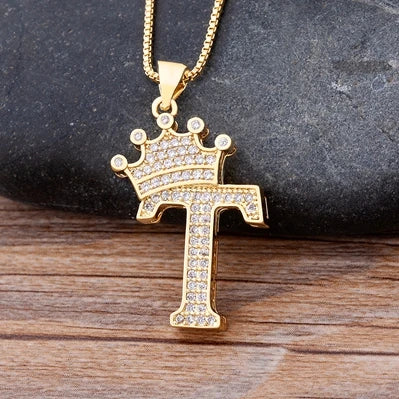 New Luxury Copper Zircon A-Z Crown Alphabet Pendant Chain Necklace Hip-Hop Style Fashion Woman Man Initial Name Jewelry  necklace