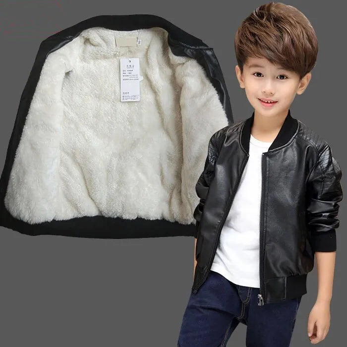 Boys Coats Autumn Winter Fashion Children's Plus Velvet / No Velvet Two styles Warming Cotton PU Leather Jacket For 1-11Y Kids boys jackets and coats