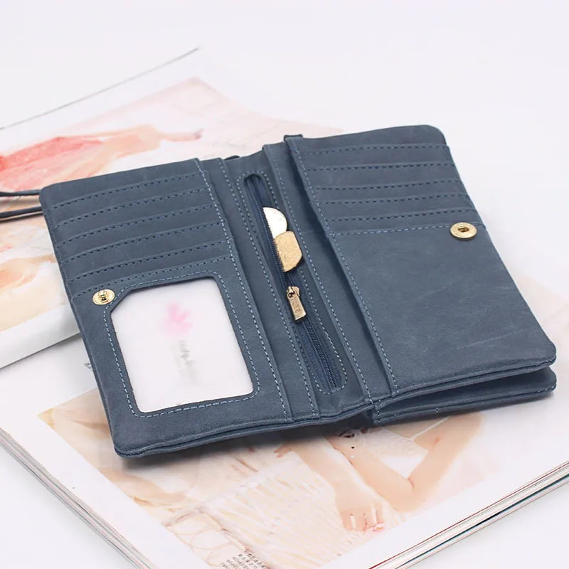 Large Capacity Women's Dull Polish Leather Wallet Double Zipper Clutch Wristlet Purse Phone Coin Card Holder Multi-pocket Wallet bags