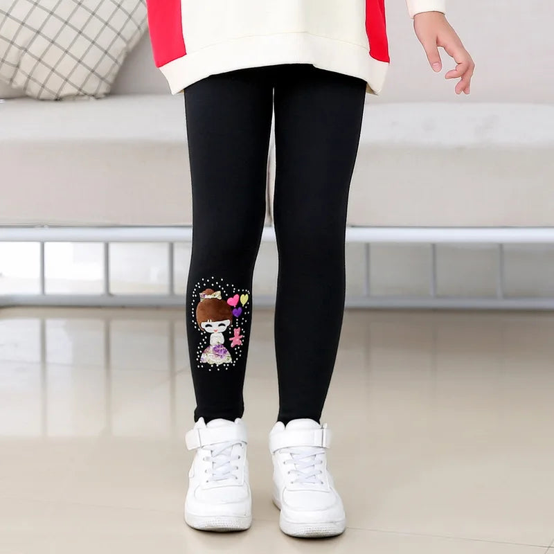 Winter Thick Warm Pants For Grils 3-10T Cartoon Pattern Trousers Baby Skinny Leggings With Fleece Warm Elastic Waist Trousers