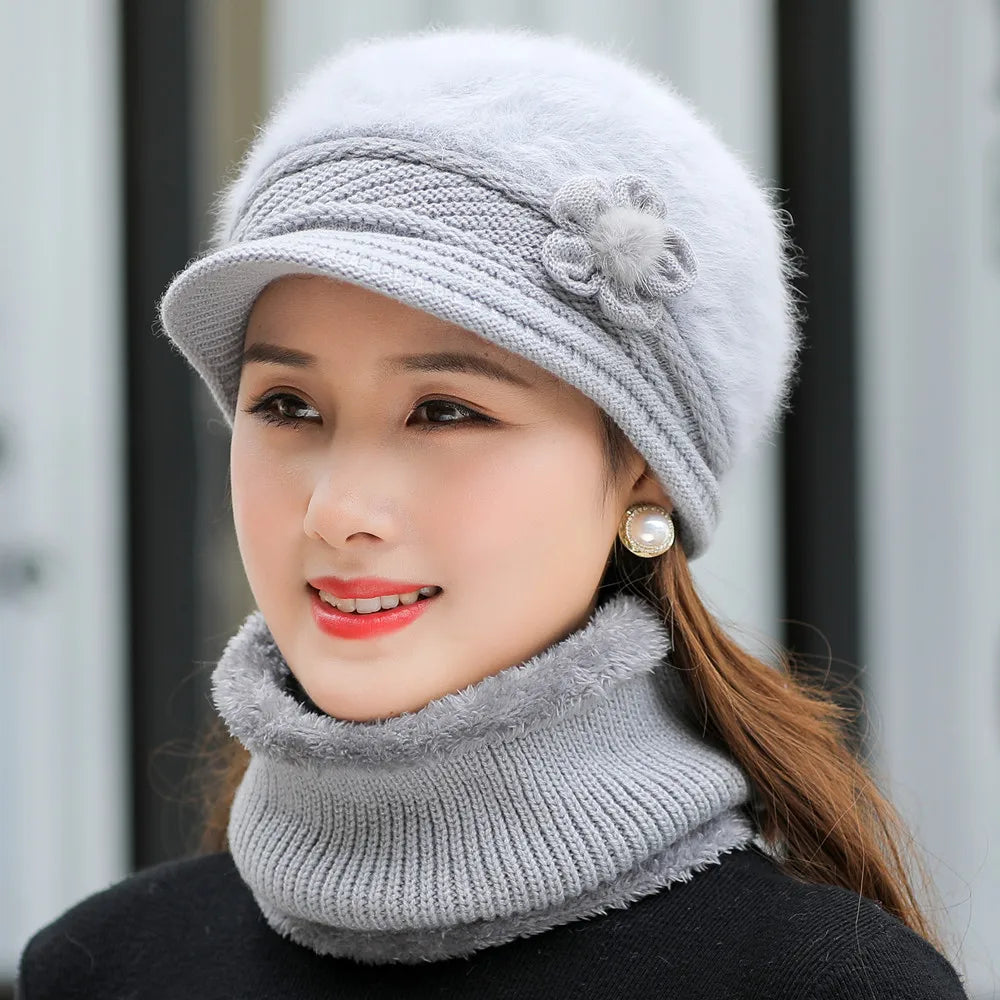 New Women Winter Hat Keep Warm Cap Add Fur Lined Hat & Scarf Warm Set Fashion Hat For Women Casual Faux Fur Flower Knitted Hat caps