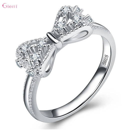 925 Sterling Silver Bowknot Bow Knot Cubic Zirconia Rhinestone Rings For Women Fashion Trendy Wedding Engagement Jewelry  rings