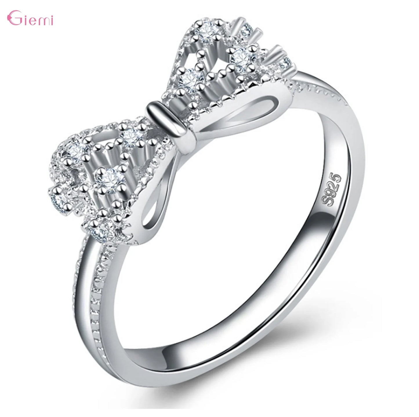 925 Sterling Silver Bowknot Bow Knot Cubic Zirconia Rhinestone Rings For Women Fashion Trendy Wedding Engagement Jewelry  rings