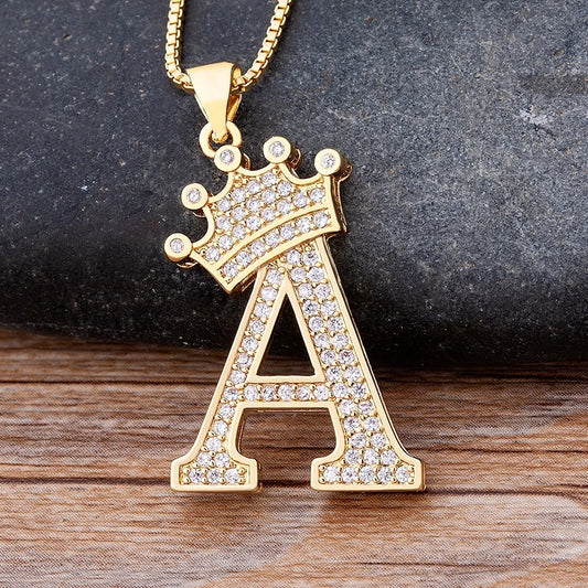 New Luxury Copper Zircon A-Z Crown Alphabet Pendant Chain Necklace Hip-Hop Style Fashion Woman Man Initial Name Jewelry  necklace